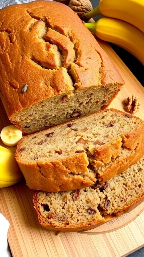 Classic Banana Bread Recipe A loaf of golden brown banana bread sliced on a cutting board with bananas and walnuts.
